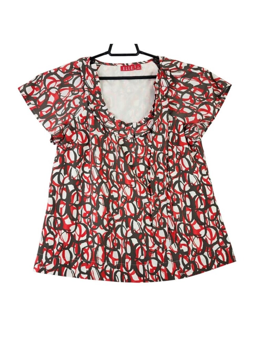 Womens Elle Red Black Whtie Abstract Top Pleated Neckline Short Sleeve Size M